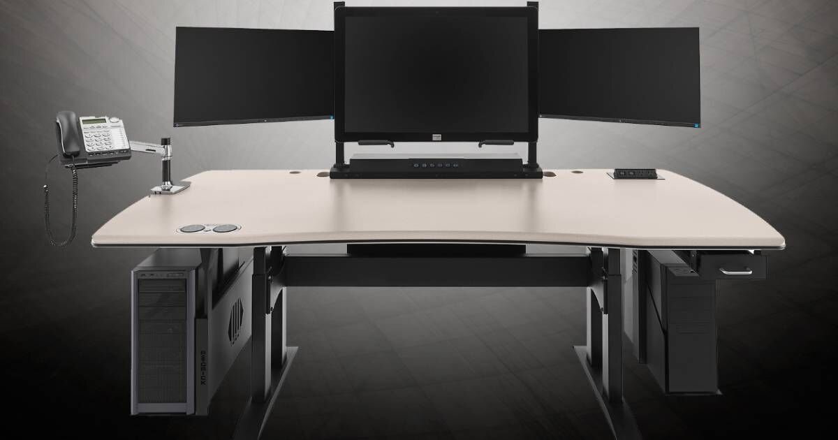 sit to stand desk with multi computer display 